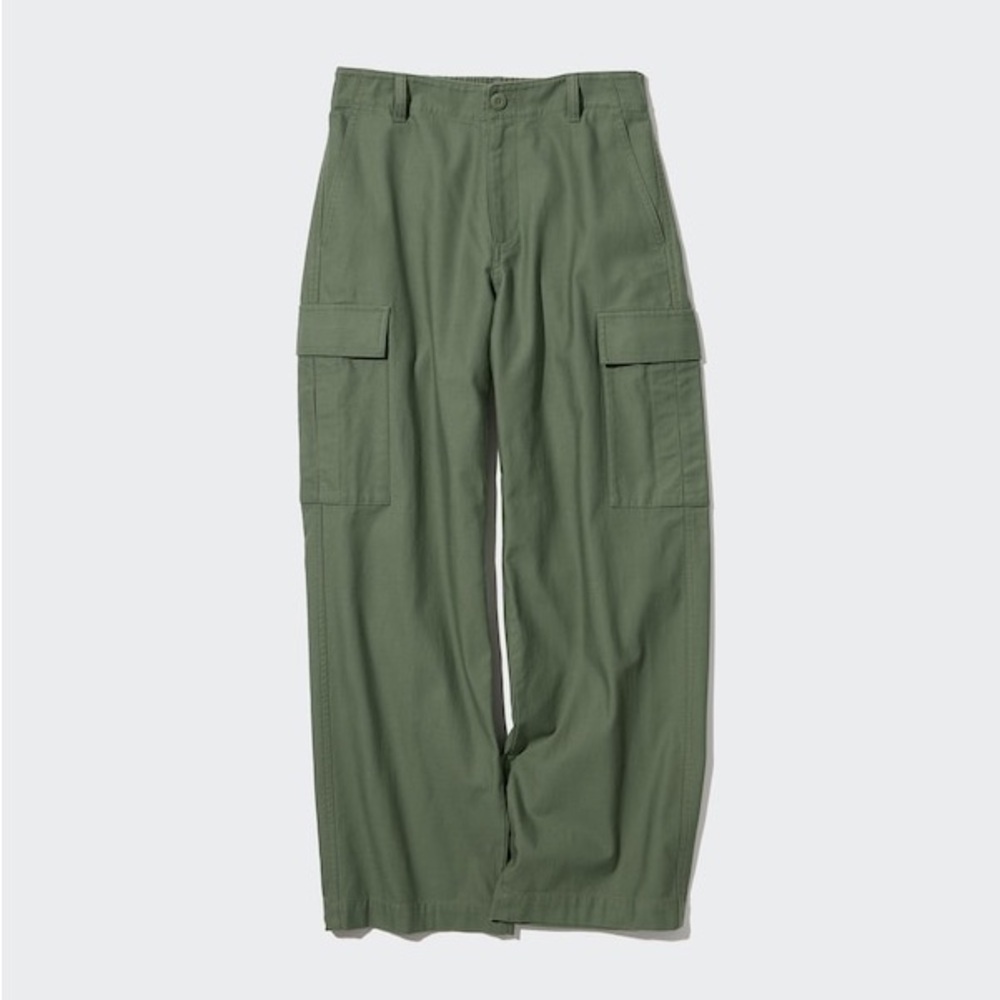 Uniqlo Women's Wide Leg Straight Cargo Pants 100% Cotton Olive Green Size XL